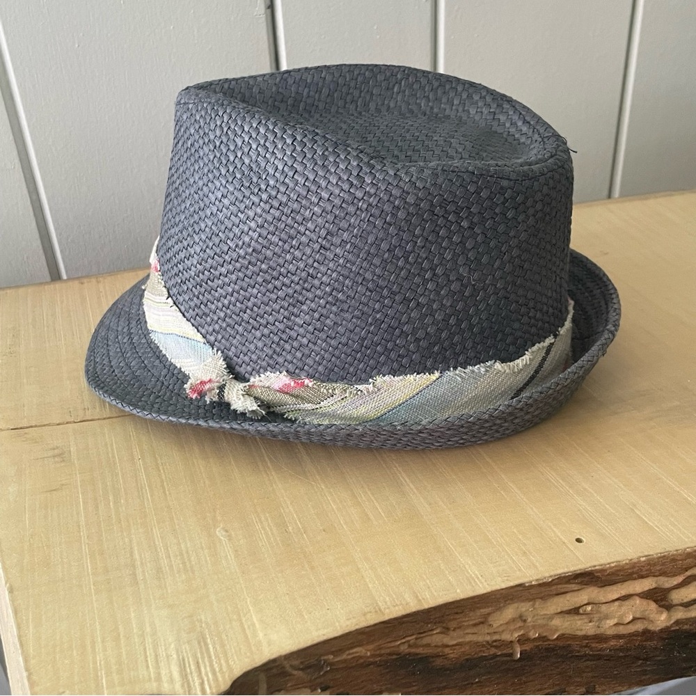$10 SALE Beach Fedora Dark Blue Gray Striped Band Straw Unisex Short Brim Hat - Picture 4 of 10